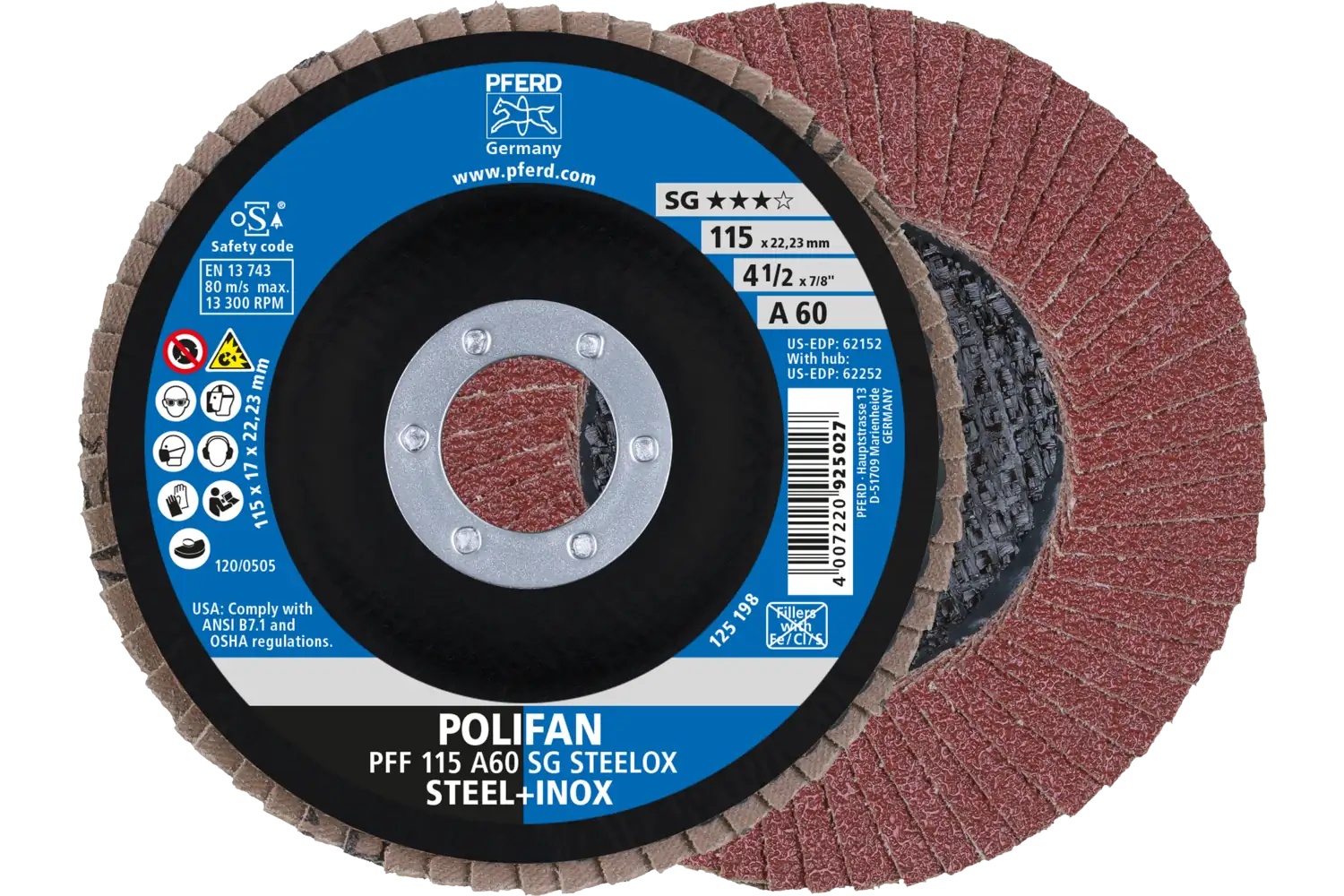 Picture of Pferd Flap Disc, 4-1/2" x 7/8, A SG Steelox, 60 Grit, T27, Flat, Aluminum oxide